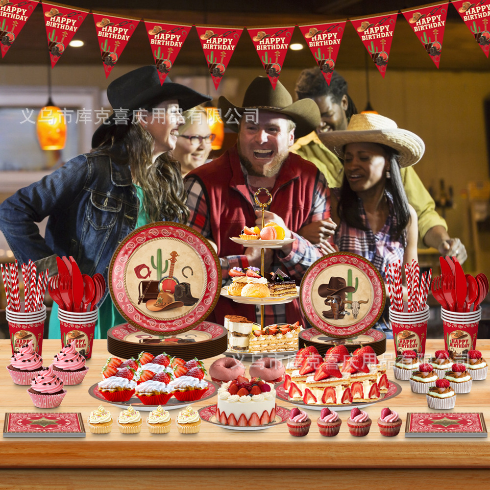 Niños Western Denim tema fiesta de cumpleaños vajilla suministros 16-Persona Placa de papel desechable tejido decoración traje