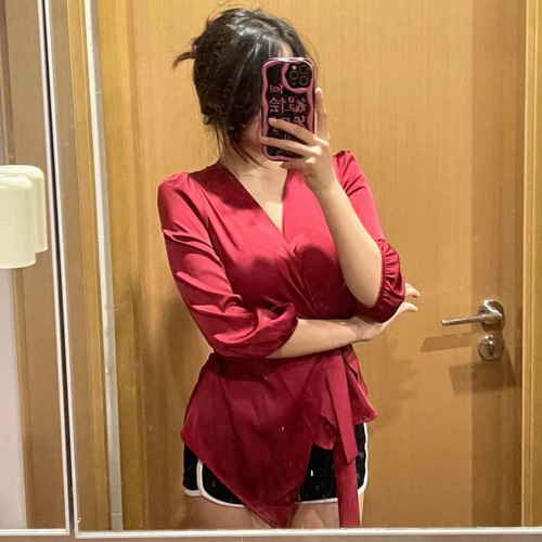 French neck strap satin shirt for women in spring and summer waist to show slimming design temperament shirt niche light mature top