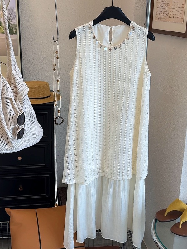 ノースリーブベストドレス女性の夏の新しい甘い偽ツーピース中空ステッチボヘミアンロングスカート A5073|undefined
