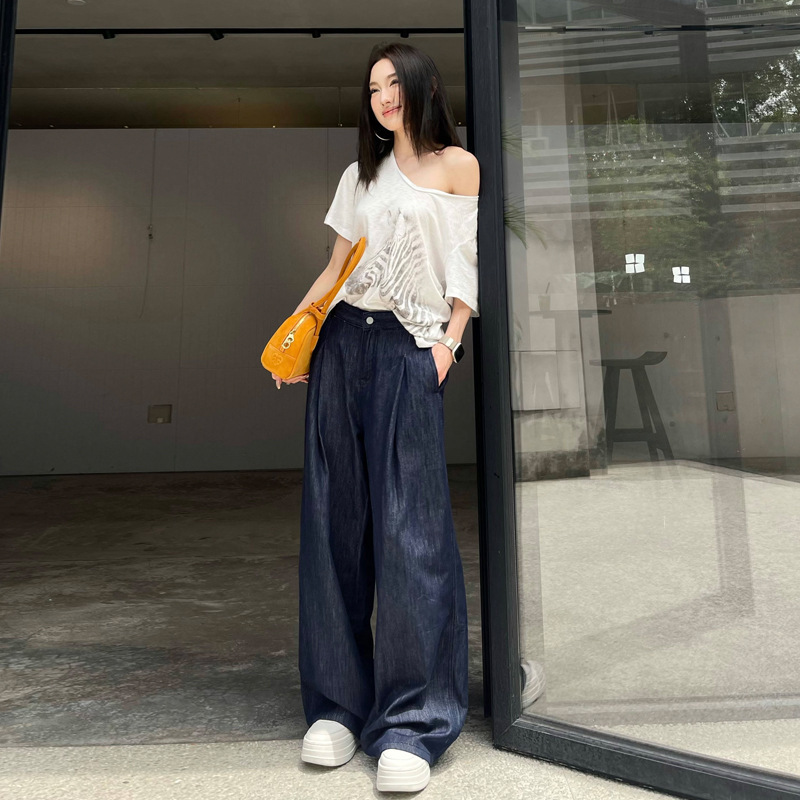 Vintage Dark Denim Wide-Leg Pants for Women, High-Waisted Slimming Straight-Leg Floor-Length Pants, Dark Blue Long Pants Vintage Dark Denim Wide-Leg Pants for Women, High-Waisted Slimming Straight-Leg Floor-Length Pants, Dark Blue Long Pants