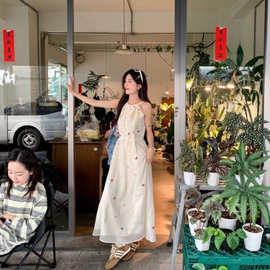 甜美风气质蝴蝶结绑带挂脖吊带连衣裙女超仙收腰显瘦中大童长裙子