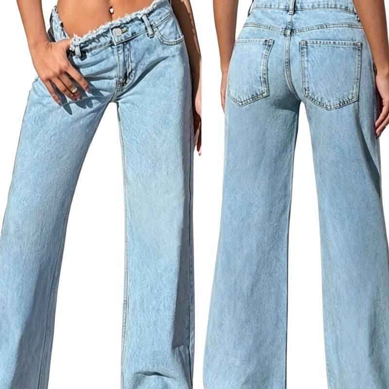 European and American Amazon Straight-Leg Pants, Mid-High Waist Women's Denim Stretch Hot-Selling Long Pants