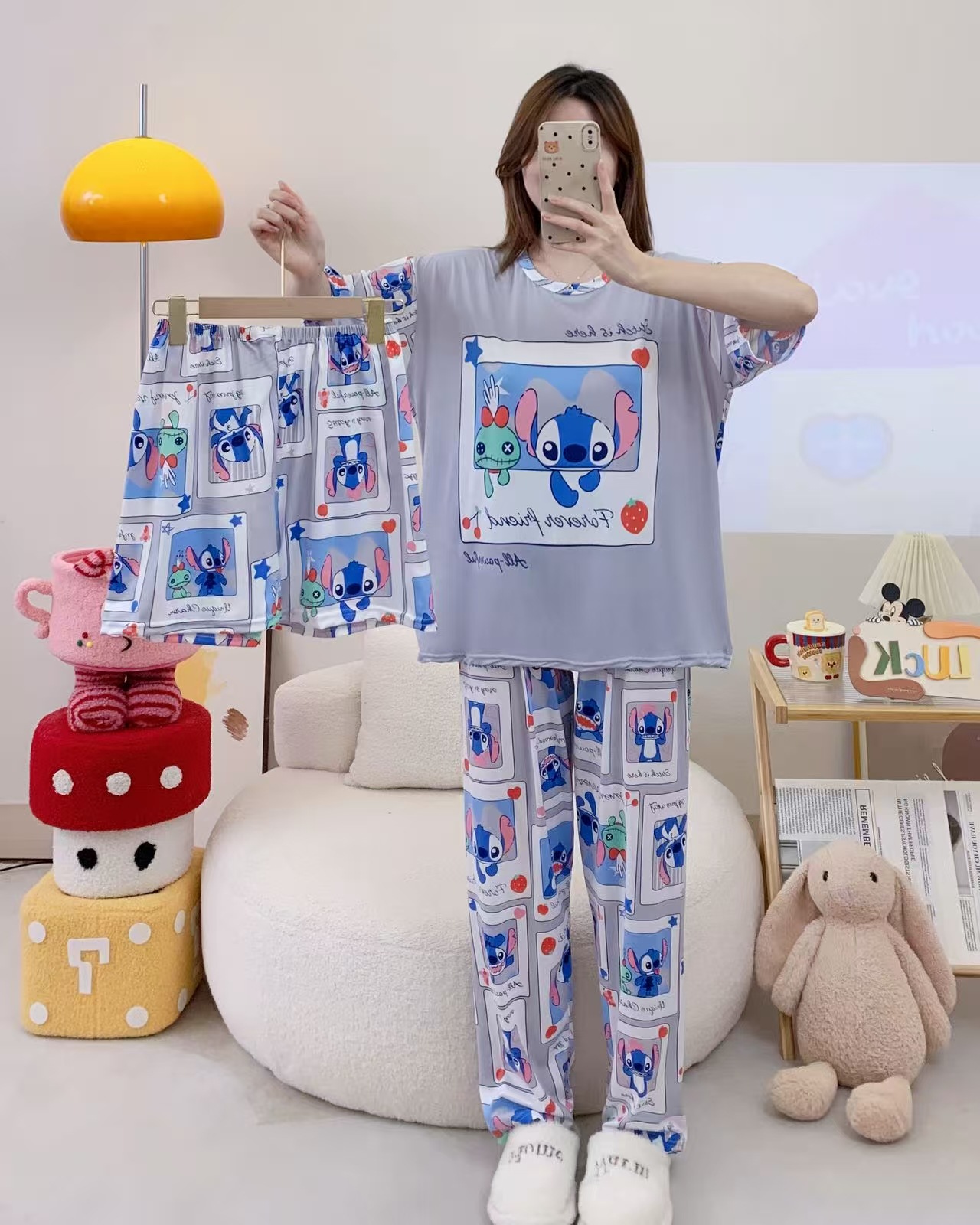 Pijamas de verano transfronterizos pijamas de leche de seda de tres piezas set de dibujos animados comercio exterior ropa para el hogar pantalones de mangas cortas lindos