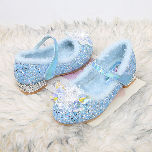 Girls high-heeled cotton shoes  autumn and winter new plus velvet warm furry Elsa crystal princess shoes one-word strap children's shoes