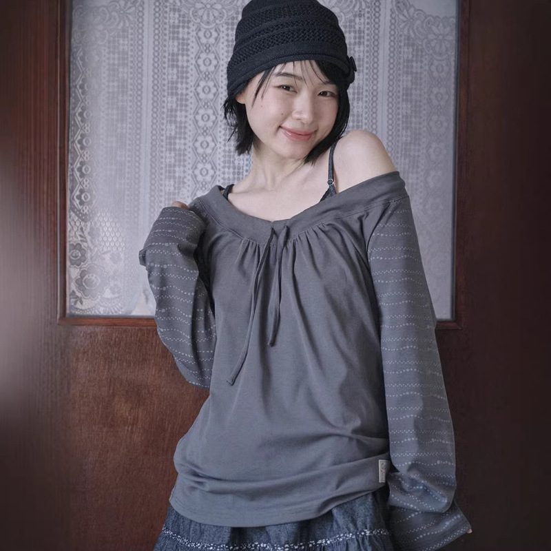 In Stock: Bowknot Ruched Tie Polka Dot Long-Sleeve T-Shirt for Women, Spring Loose U-Neck Top Hugyoursk*N