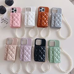 適用iphone15Pro菱格卡包手機殼14plus珍珠手提後蓋插卡保護套7G