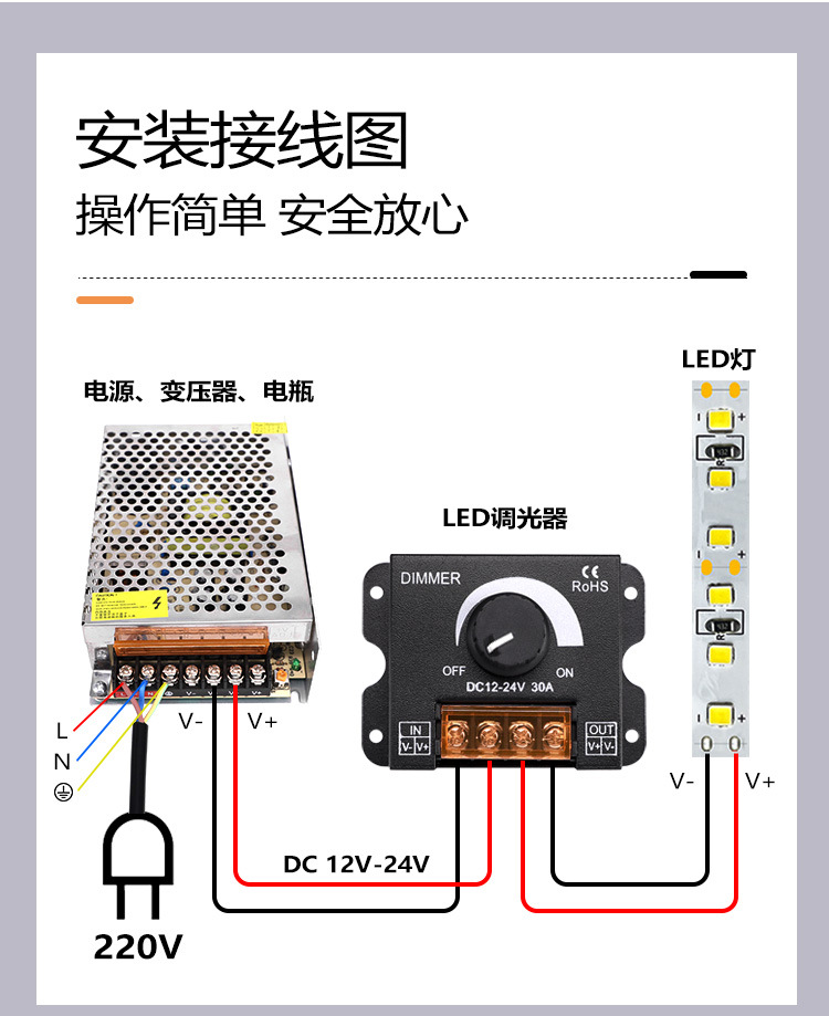 led调光器亮度调节控制DIMMER旋钮调压无极开关DC12V-24V 30A直流-阿里巴巴