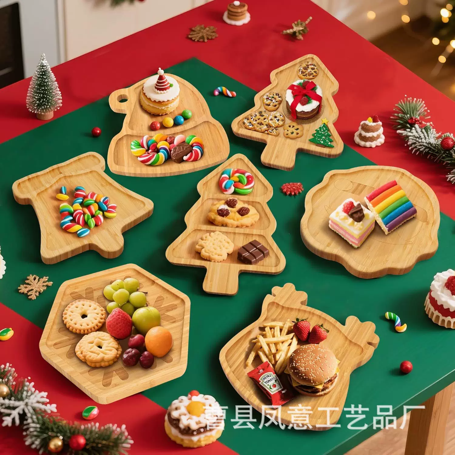 新款创意木质托盘圣诞节派对装饰实木展示盘节日派对木制装饰托盘