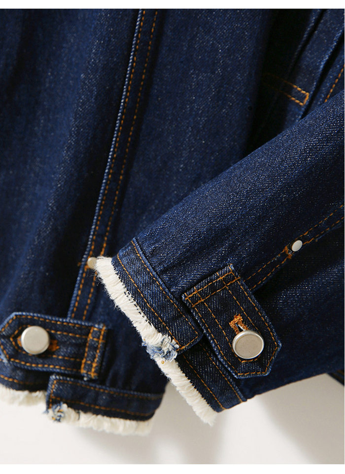 Áo khoác denim nữ cổ tròn tay dài màu xanh đậm phong cách vintage tôn dáng — Màu xanh đậm chi tiết 14