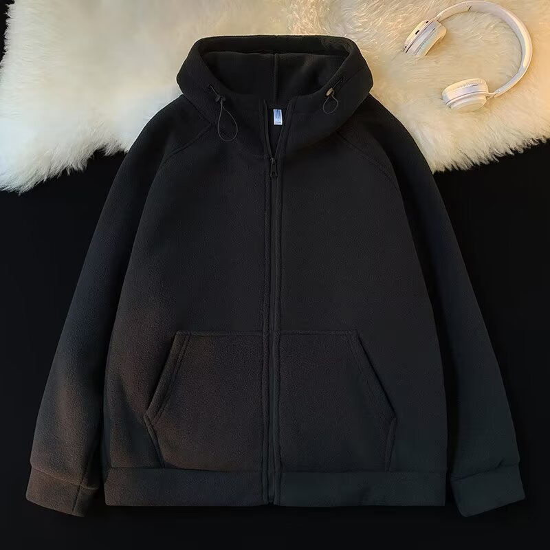 Double-Sided Velvet Jacket Men's Autumn and Winter New Trendy Brand Clothes Sweatshirt Loose Hooded Polar Fleece Thickeneded Warm Jacket