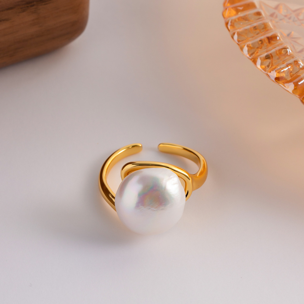 French Style Round Copper Inlay Pearl Open Ring 1 Piece