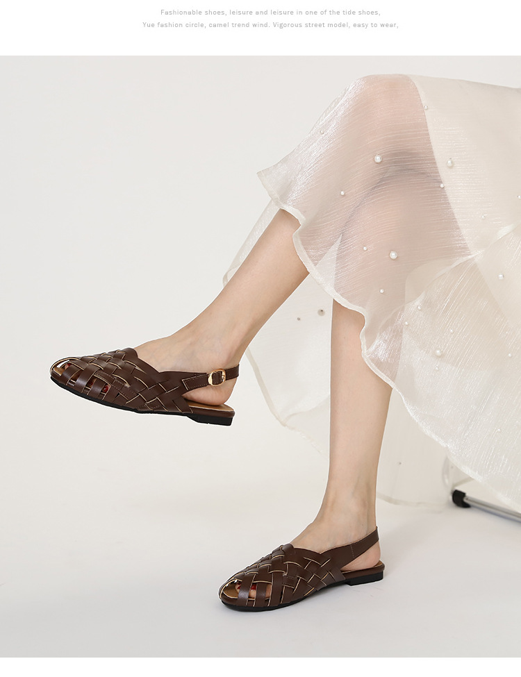 Woven Commuting Sandals With Closed Toe And Buckle Flat Sandals_voghion.com