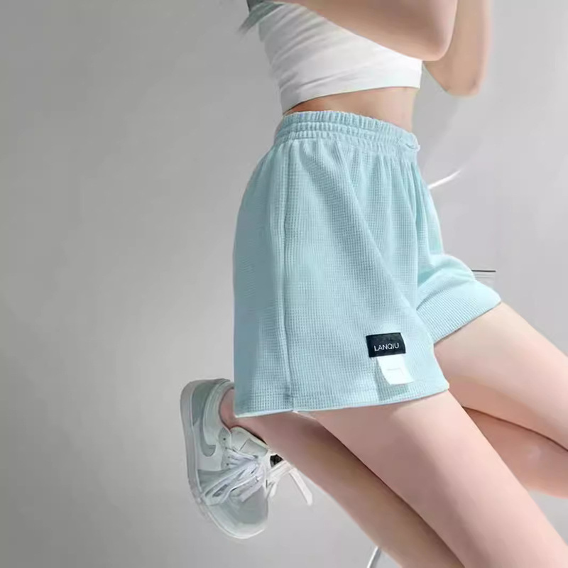Waffle Shorts Loose Sports Shorts Women's Elastic Waist Wide Leg Hot Pants Casual Slimming Look High Waist Straight Home