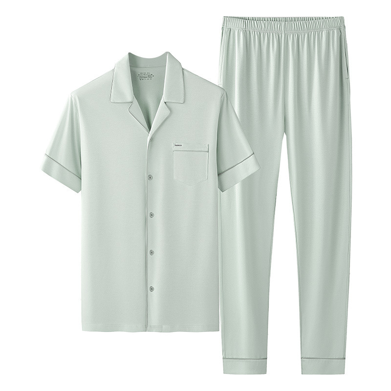 Traje de pijama de hombre de primavera y verano de algodón mercerizado, solapa fina informal transpirable, cárdigan, servicio a domicilio