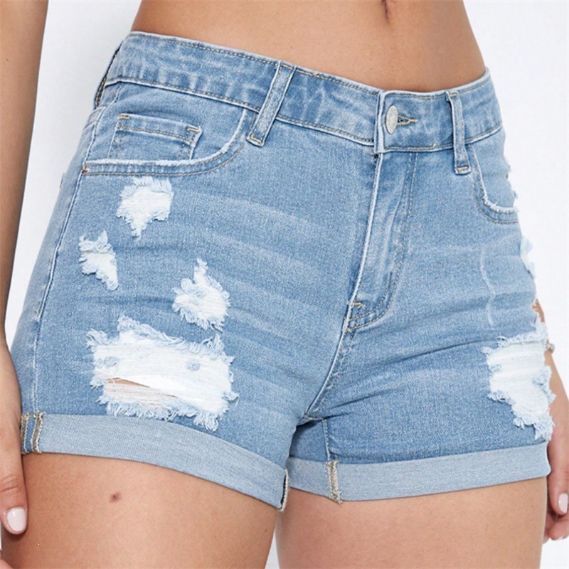 2026 European and American Cross-Border Summer Hot-Selling Amazon In-Stock Mid-Low Waist Women's Ripped Elastic Cuffed Denim Shorts