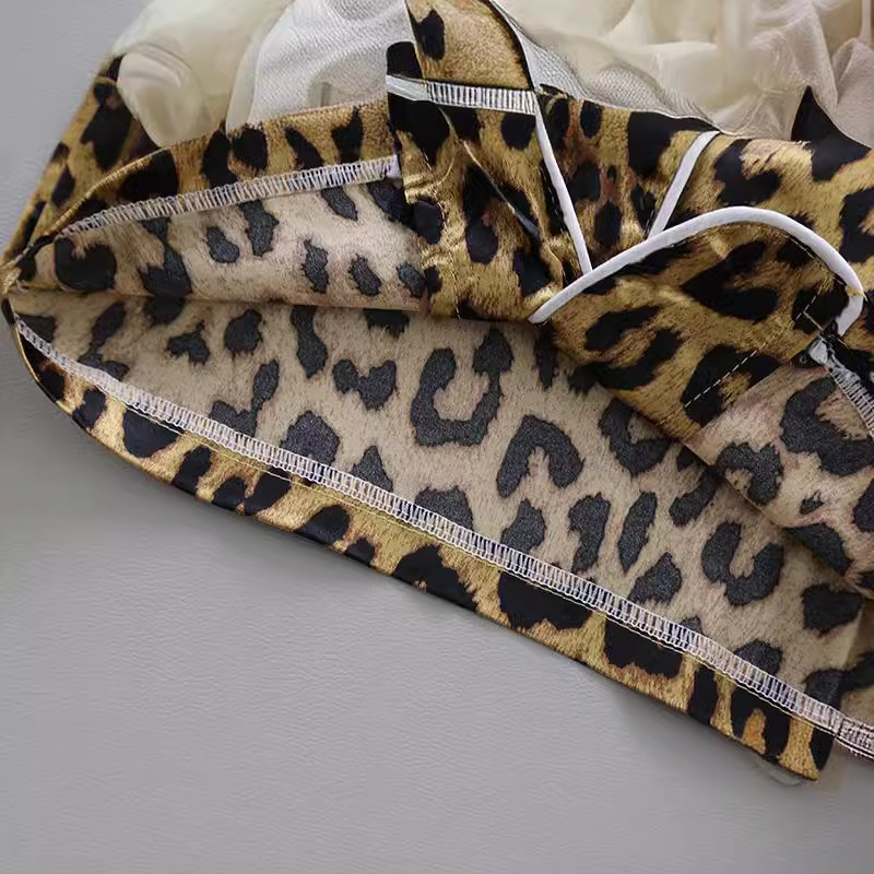 Leopard Print Children's Homewear Flame Retardant Spring Summer Short Sleeve Ice Silk Pajamas With Pants For Kids_voghion.com