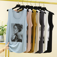莫代爾胖mm印花美女無袖吊帶女夏新款時尚百搭寬鬆顯瘦背心上衣