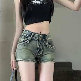 2026美式新款辣妹牛仔短裤热裤包臀修身牛仔裤女辣妹设计感热裤