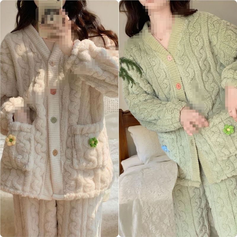 冬季加厚珊瑚绒提花睡衣女可外穿开衫两件套装长袖长裤甜美家居服|undefined