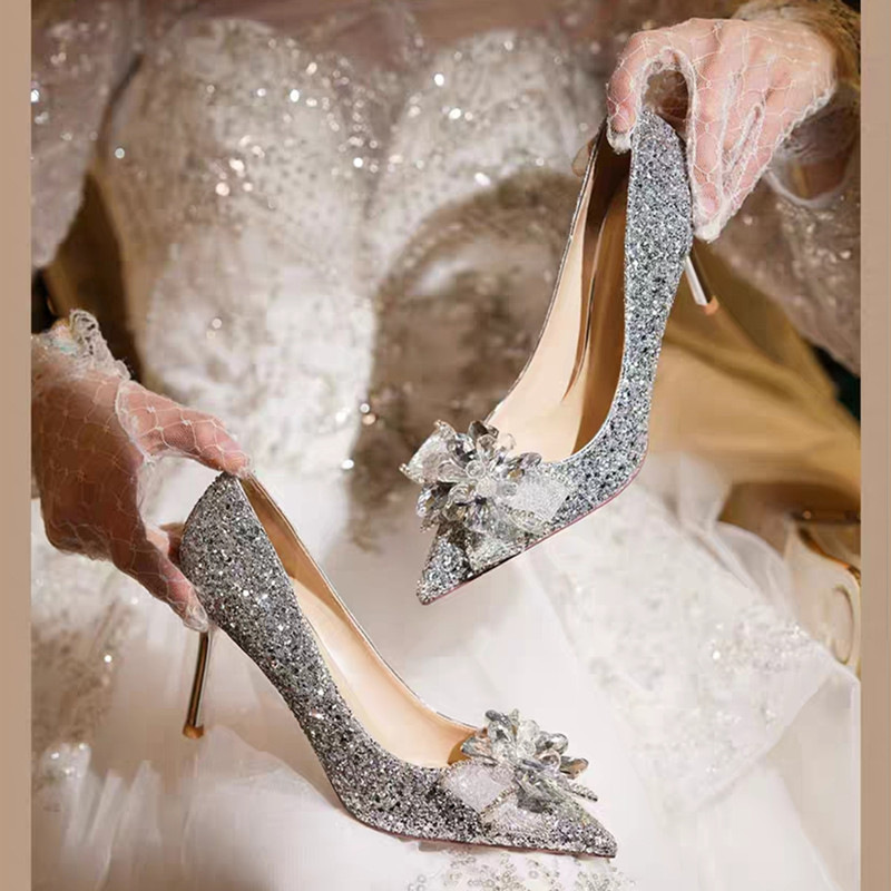 Plus size French high heels women's wedding party rhinestone bow wedding shoes elegant pointed sequined single-layer shoes fashion