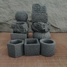 多肉花盆桌面小绿植陪伴花器黑色衬托植物复古仿火山石花盆