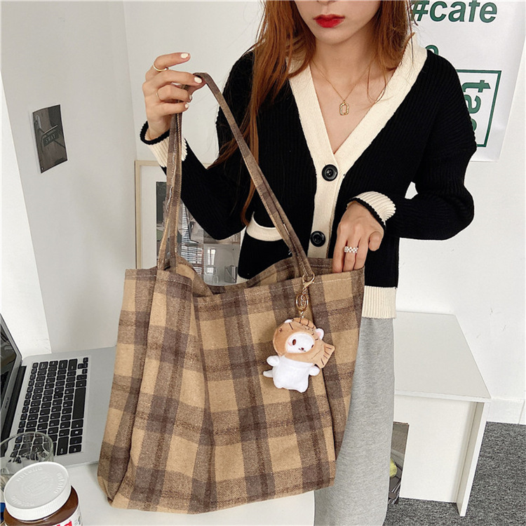 0981 Simple ins checkered woolen single-shoulder bag, hand-held cloth bag, student large-capacity shopping bag, laid-back style women's bag undefined