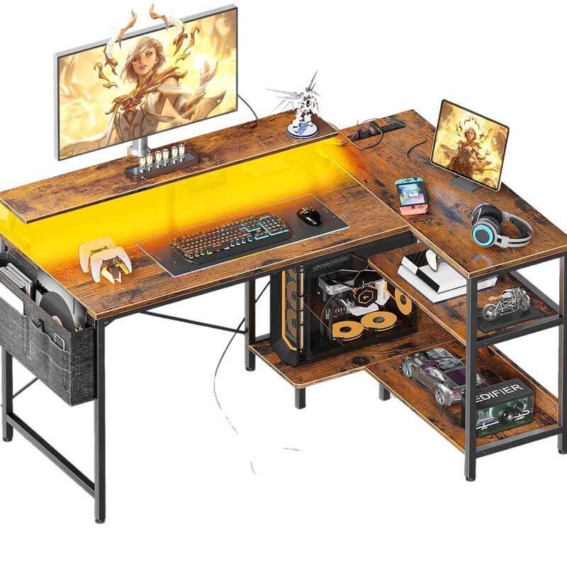 Home Office Convertible L-Shaped Computer Desk with USB Socket and Led Light Strip, with Monitor Stand Corner Desk Home Office Convertible L-Shaped Computer Desk with USB Socket and Led Light Strip, with Monitor Stand Corner Desk
