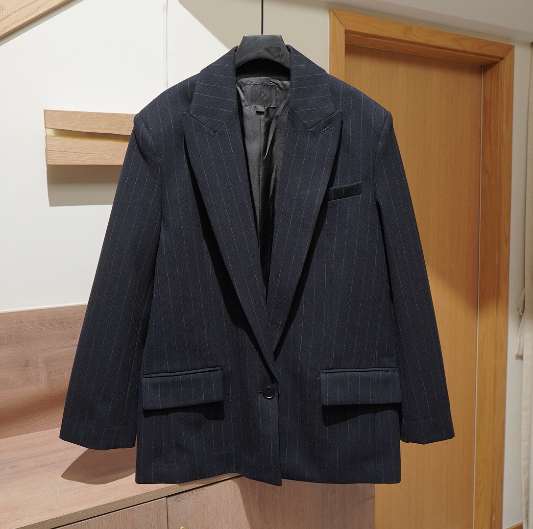 Original European and American Clothing Wholesale Loose Version Pinstripes Vertical Stripes Suit Jacket Dark Blue Suit 1255/788