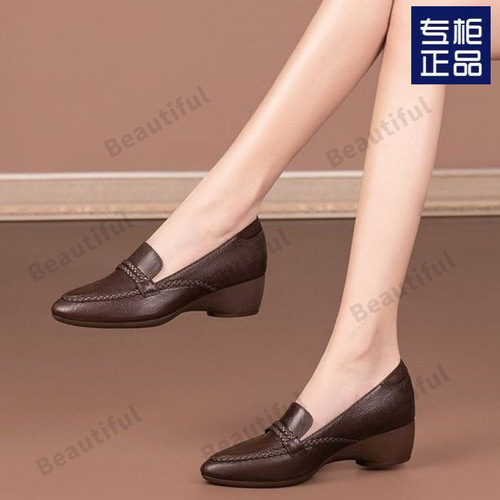Women's Summer Leather Pointed Toe Slip-on Loafers Retro Thick Heel Soft Sole Single Shoes Chinese Style