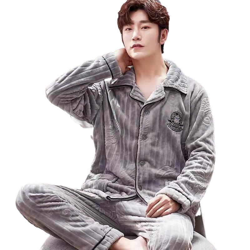 가을과 겨울 남자 플란넬 파자마 카디건 두꺼운 기모 산호 양털 따뜻한 플러스 사이즈 남자 홈 옷 세트