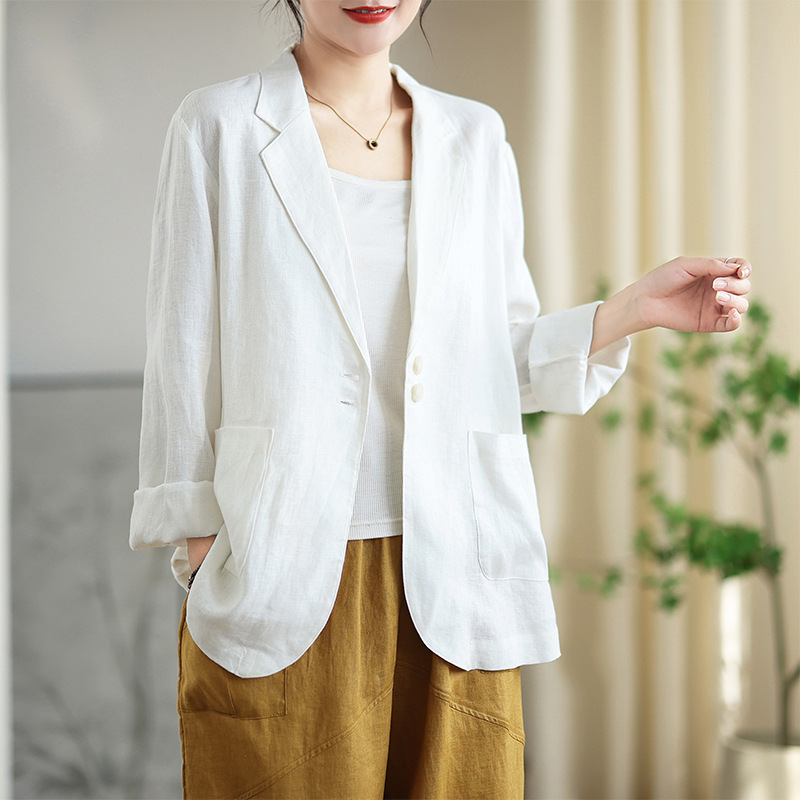 2025 Autumn New Cotton and Linen Suit Japanese Style Literary Solid Color Linen Long Sleeve Suit Jacket Women