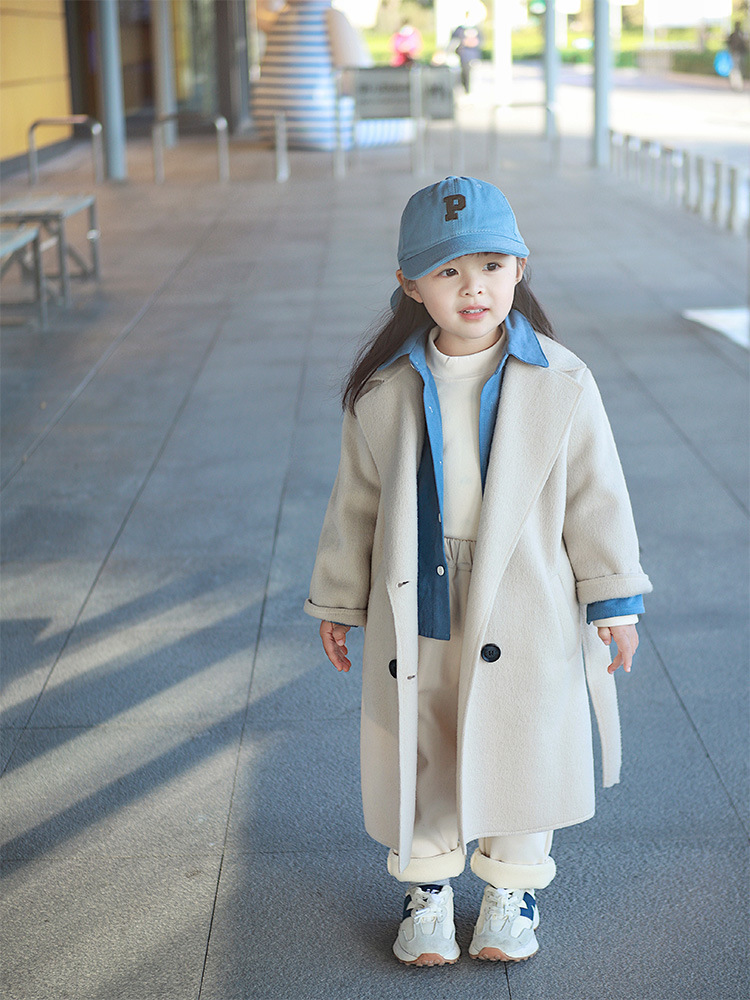 Girls' Double-sided Tweed Coat Winter Children's Trenchcoat Elegant Woolen Coat Mid-long Trendy Woolen Coat for Big Children