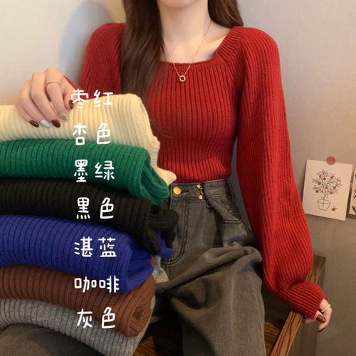 French square neck red sweater for women with foreign style and autumn and winter new knitted base shirt with design and niche bubble sleeves