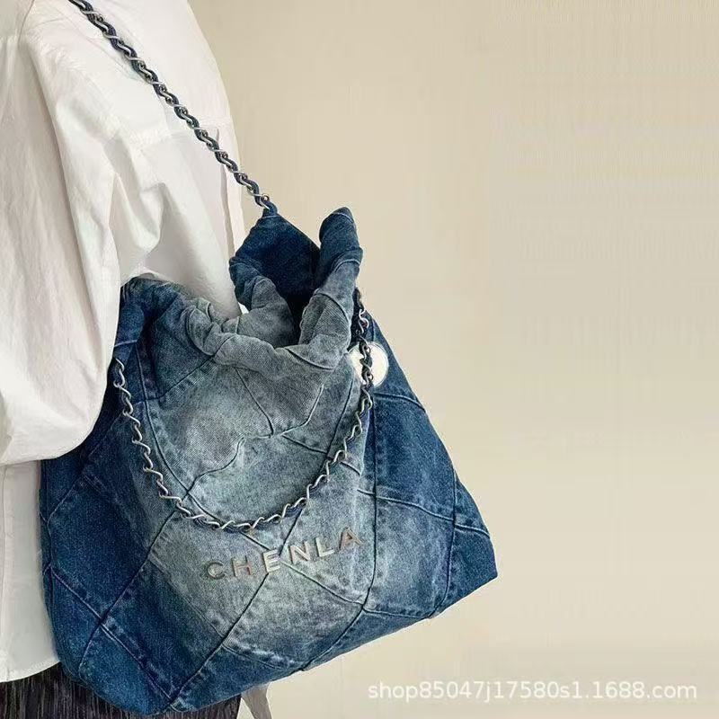 Retro Vintage Denim Bag Quilted Chain Garbage Bag Bag Shoulder Large Capacity Shoulder Bag Student Tote Bag
