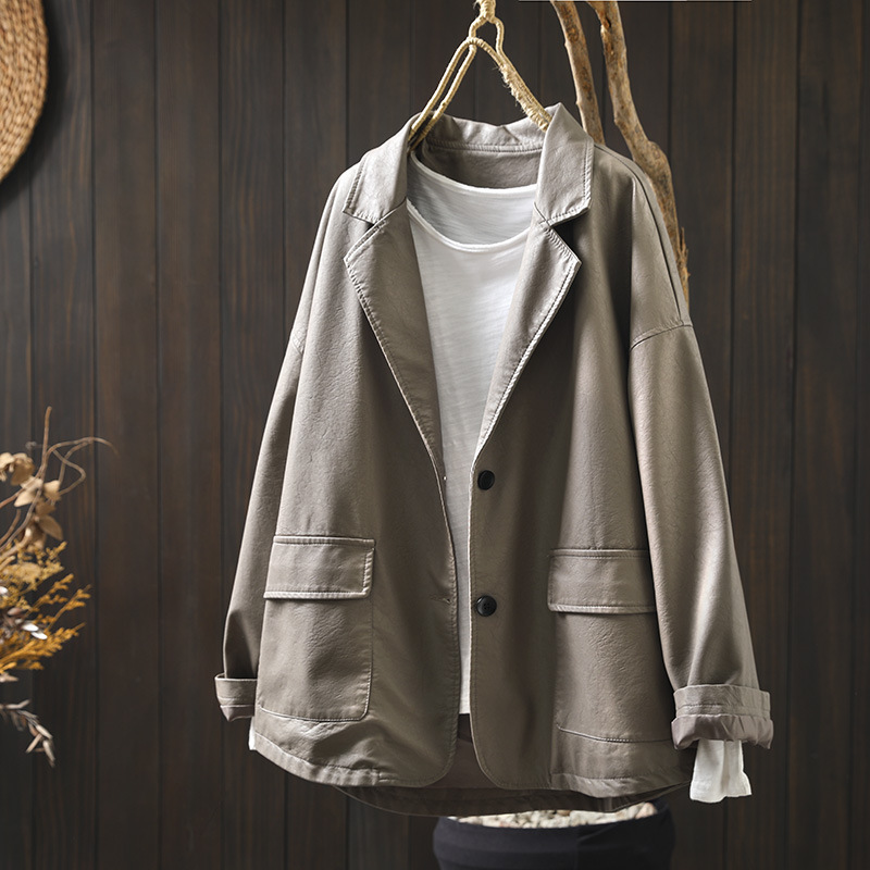 Fashion Western Style Suit Collar PU Leather Coat Women's Loose Slimming Casual Western Style Double Pocket Jacket Cardigan Top