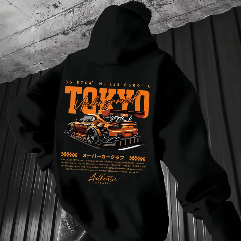 Sports car Japanese print loose-fitting hooded sweatshirt JDM underground racing enthusiast unisex casual pullover top Sports car Japanese print loose-fitting hooded sweatshirt JDM underground racing enthusiast unisex casual pullover top