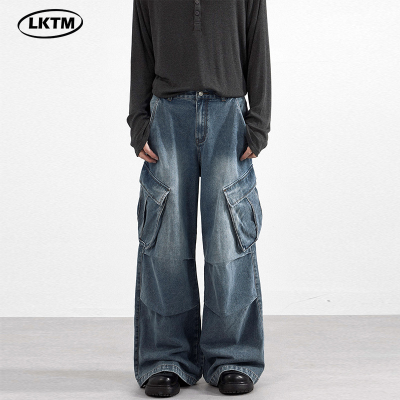 LKTM男装 美式街头嘻哈A型工装牛仔裤男女多口袋拼接设计感阔腿裤