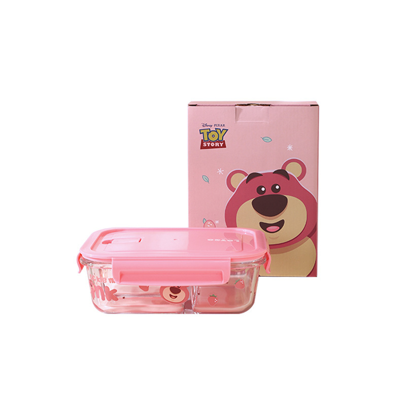 Disney Genuine Strawberry Bear Vidrio de borosilicato de tres compartiones Fiambrera Caja de regalo especial para horno microondas doméstico