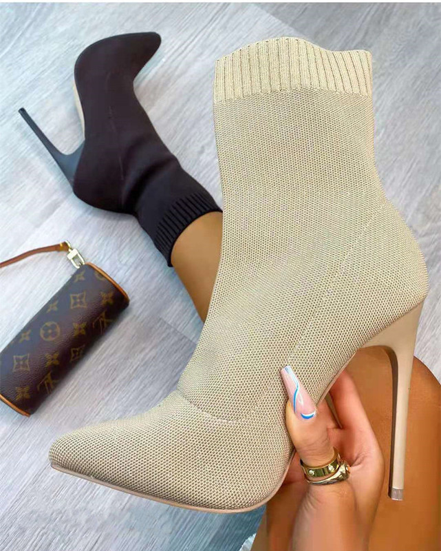 2021 Autumn and Winter Wool Short Boots Women's Shoes Pointed Thick Heel Martin Stretch Boots Knitted Socks Boots Foreign Trade Large Size Autumn and Winter