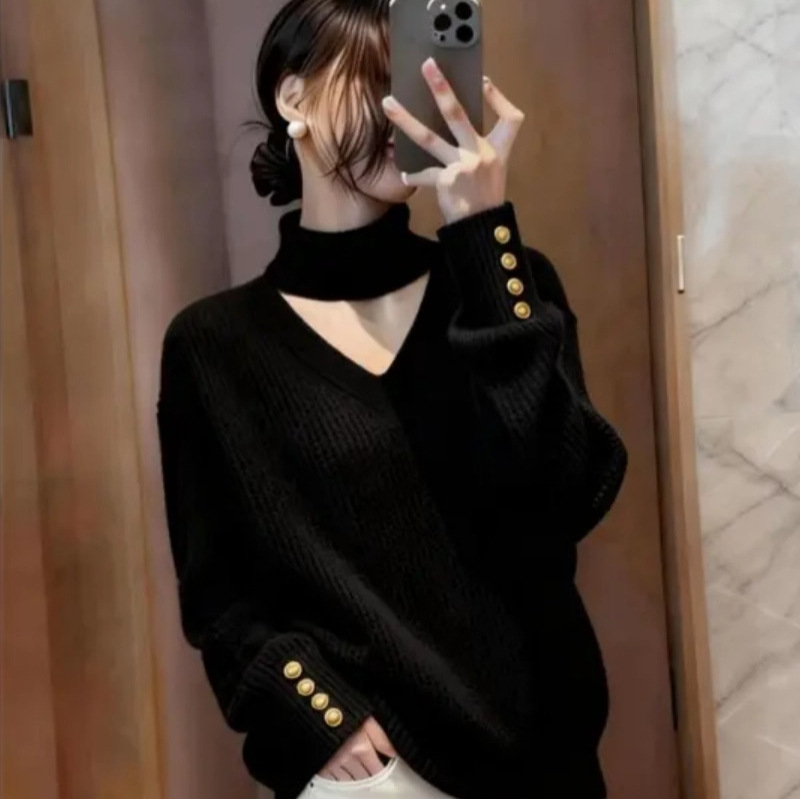 트렌디한 나른한 바람 펀칭 니트 여자 가을 겨울 신상 디자인 감각 거대하