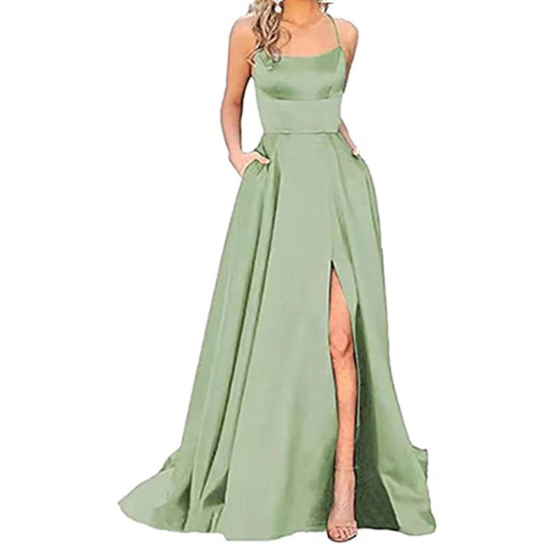 El Comercio exterior europeo y americano Amazon AliExpress deseo vestido de noche de las mujeres sexy Correa simple satén vestido largo