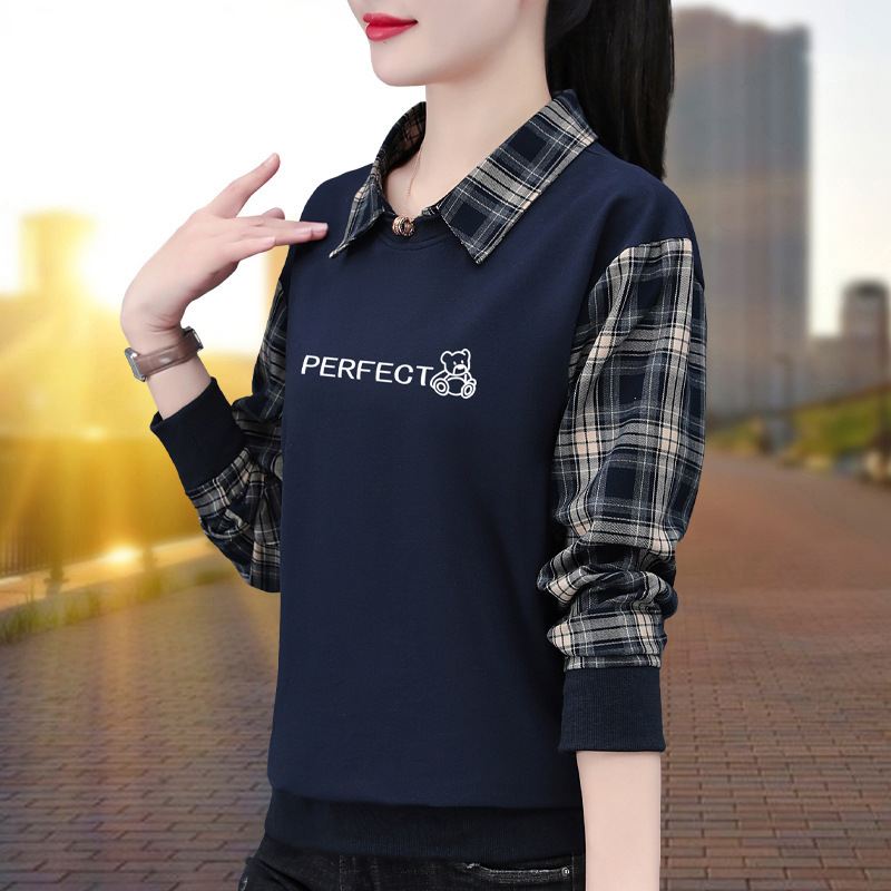 假两件衬衫女长袖春秋新中年妈妈洋气减龄针织遮肚显瘦打底衫上衣|undefined
