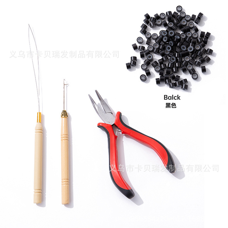 빨간색 펜치 + 나무 코바늘 + 나무 실꿰기 + 머리 연장 링 1000개(검은색)
