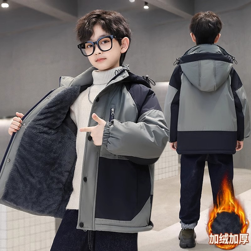 男童派克服儿童冬装洋气中童冬季加绒外套8到9十一岁男孩加厚棉衣