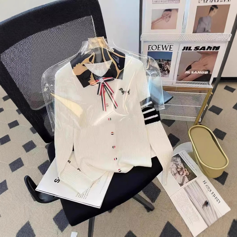 Polo Collar Preppy Style Embroidered Bow Wool Pullover Knit Sweater Long Sleeve Base Sweater with Three-Dimensional Bow