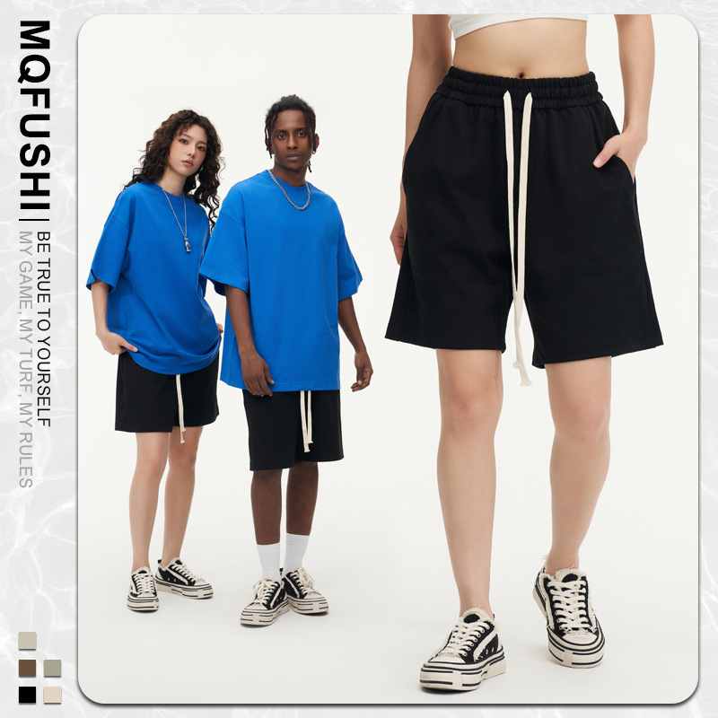 2025 Casual Versatile Heavyweight Shorts Blank Solid Color Trendy Casual Unisex DIY Loose Black Sweatpants