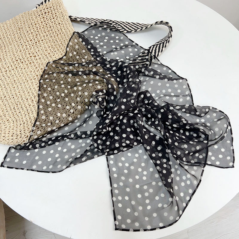 French Hepburn Style Black And White Polka Dot Silk Georgette Scarf - Elegant Commuter Flowy Thin Neck Scarf For Women (Spring/Summer)