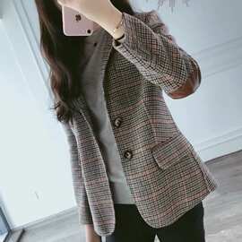 毛呢格子西装外套女2026春秋新款韩版百搭复古女士小西服上衣冬