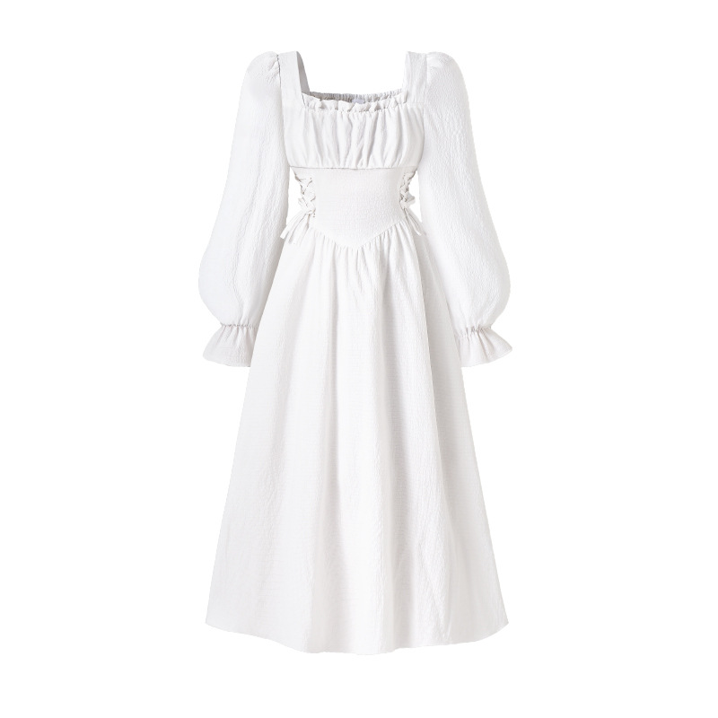 Mädchenkleid mit eckigem Ausschnitt, langen Ärmeln und Schleife in der Taille, eleganter Retro-Stil, Frühling/Herbst_voghion.com