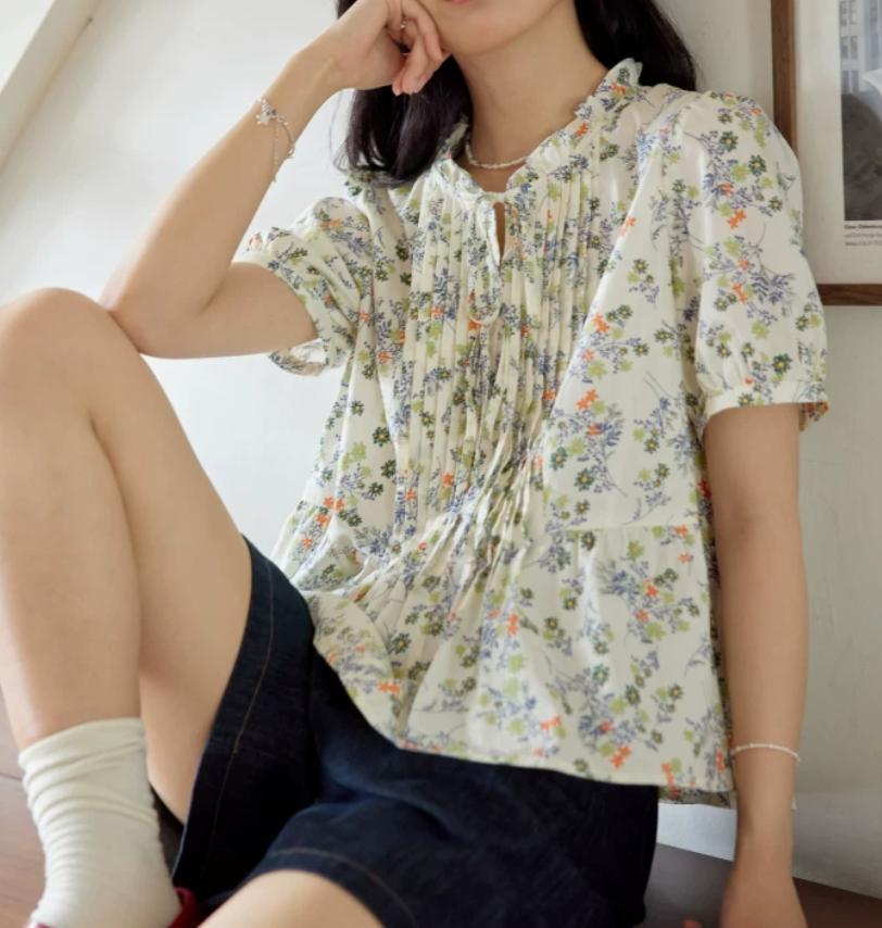 Áo sơ mi nữ hoa nhí tay ngắn cổ nơ ren Pháp — Rừng hoa chi tiết 19